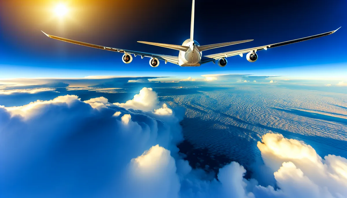 Commercial airplane flying high above white clouds in a deep blue sky with golden sunlight