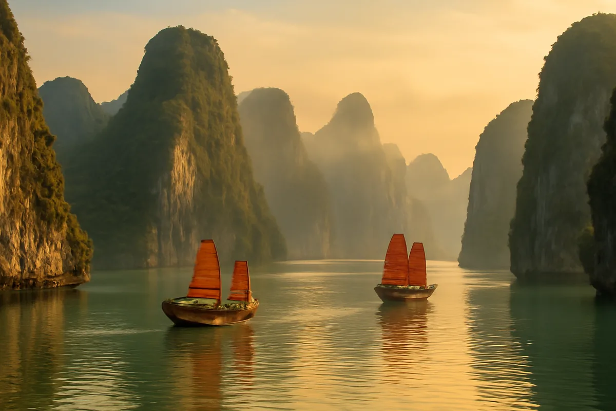 Panoramic view of Ha Long Bay Vietnam with iconic limestone karst formations rising from emerald waters, traditional junk boats sailing through misty morning light