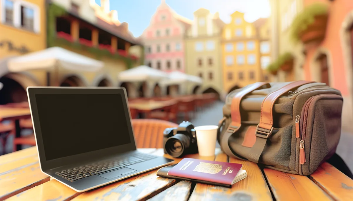 Travel essentials including backpack and passport on a café table overlooking a European town square with historic architecture