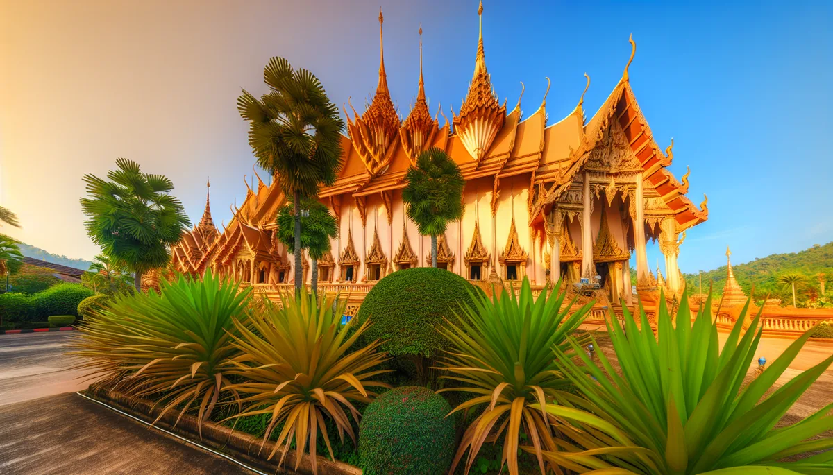 Golden Thai temple with ornate spires surrounded by tropical plants during golden hour lighting