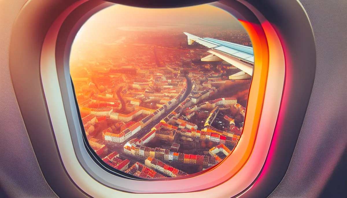 Aerial view from airplane window showing European city landscape during sunset with golden lighting illuminating rooftops and streets below