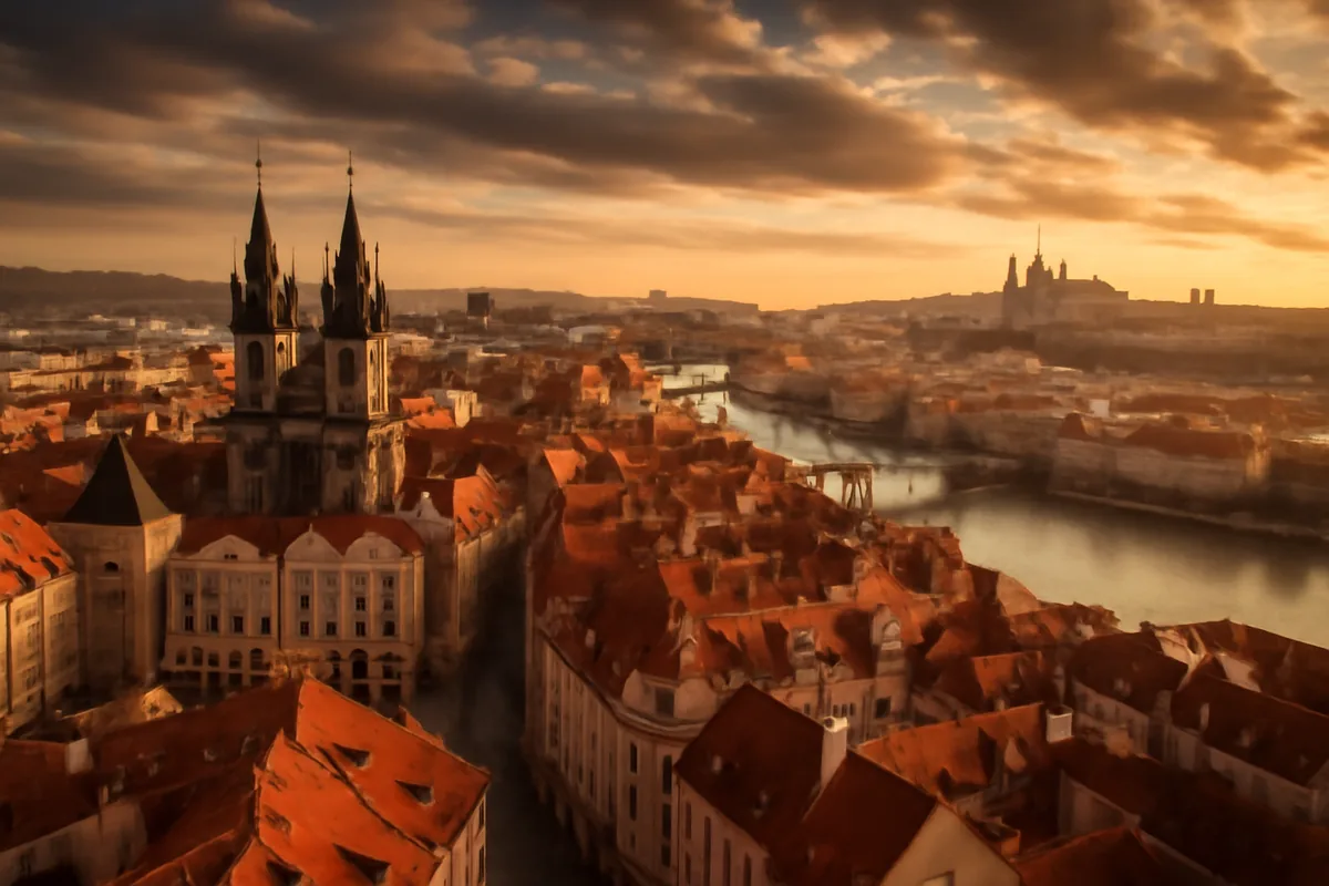 Aerial panoramic view of Prague's historic old town at golden hour, with terracotta rooftops, gothic church spires, and the Vltava river reflecting warm sunset light