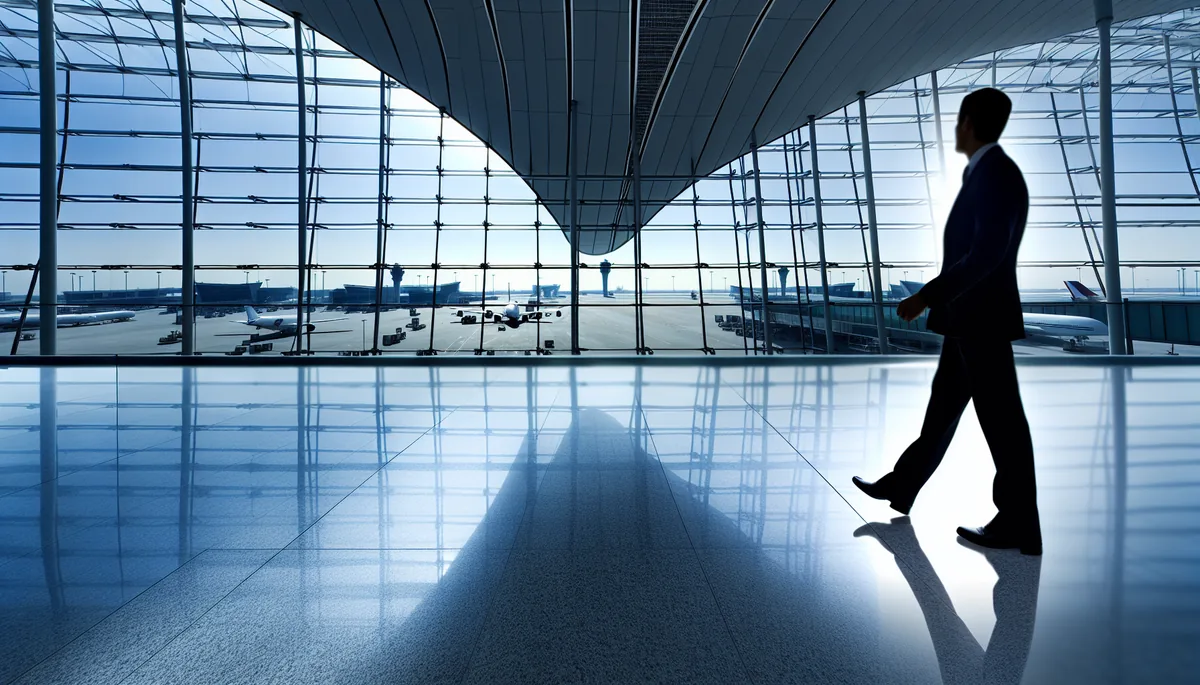 Silhouette of a traveler walking through a modern airport terminal with large windows and aircraft visible outside