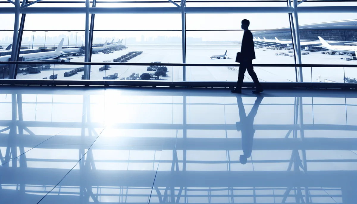 Silhouette of a traveler walking through a modern airport terminal with large windows showing planes on the runway