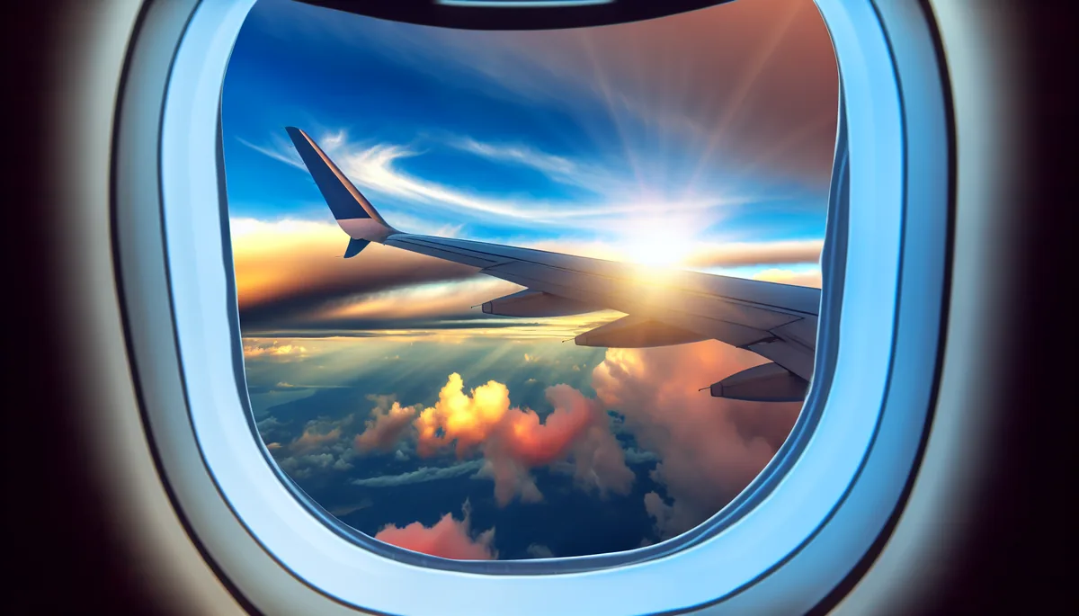 View from airplane window showing wing against dramatic cloudy sky during takeoff at golden hour