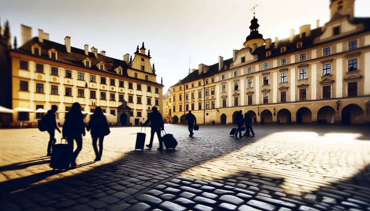 Historic European city square with cobblestone streets, traditional architecture, and travelers with luggage walking in the distance under warm afternoon sunlight