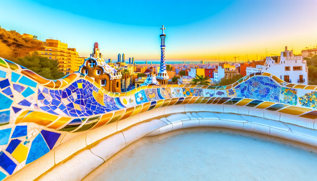 Colorful mosaic architecture of Park Güell in Barcelona with the city skyline visible in the background during golden hour