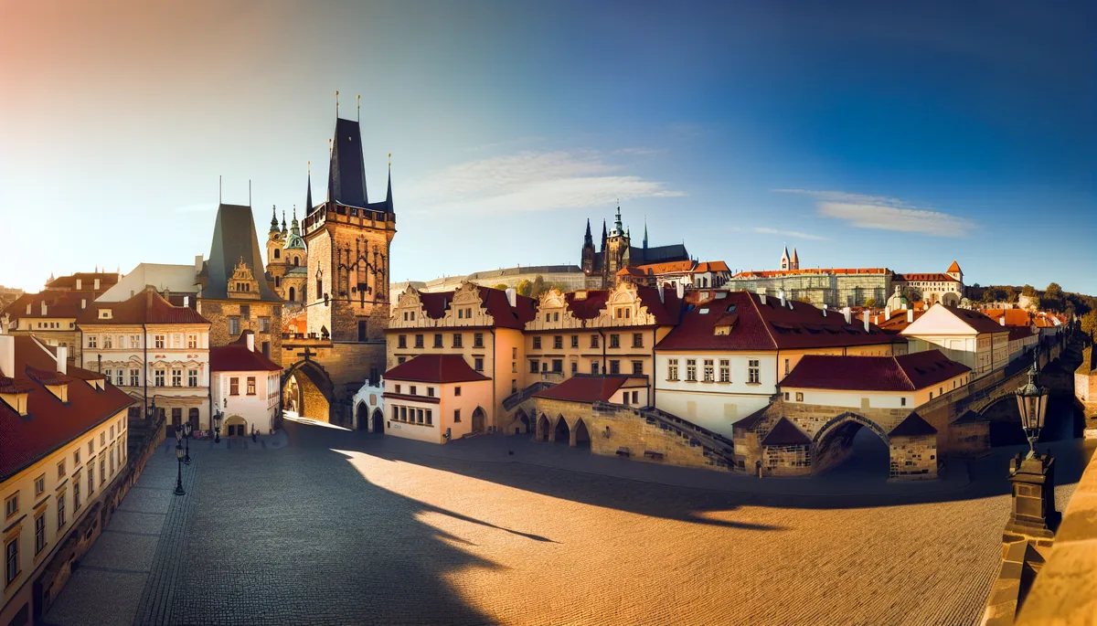 Panoramic view of Prague's historic cityscape during golden hour, featuring Prague Castle and Charles Bridge with warm lighting across cobblestone areas