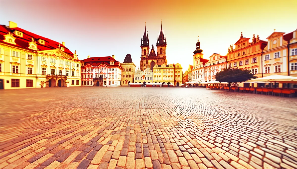 Panoramic view of Prague's Old Town Square featuring colorful historic buildings and Gothic architecture during golden hour