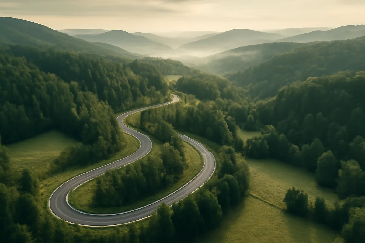 Aerial view of a scenic winding road through lush green Czech countryside hills and forests in soft morning light