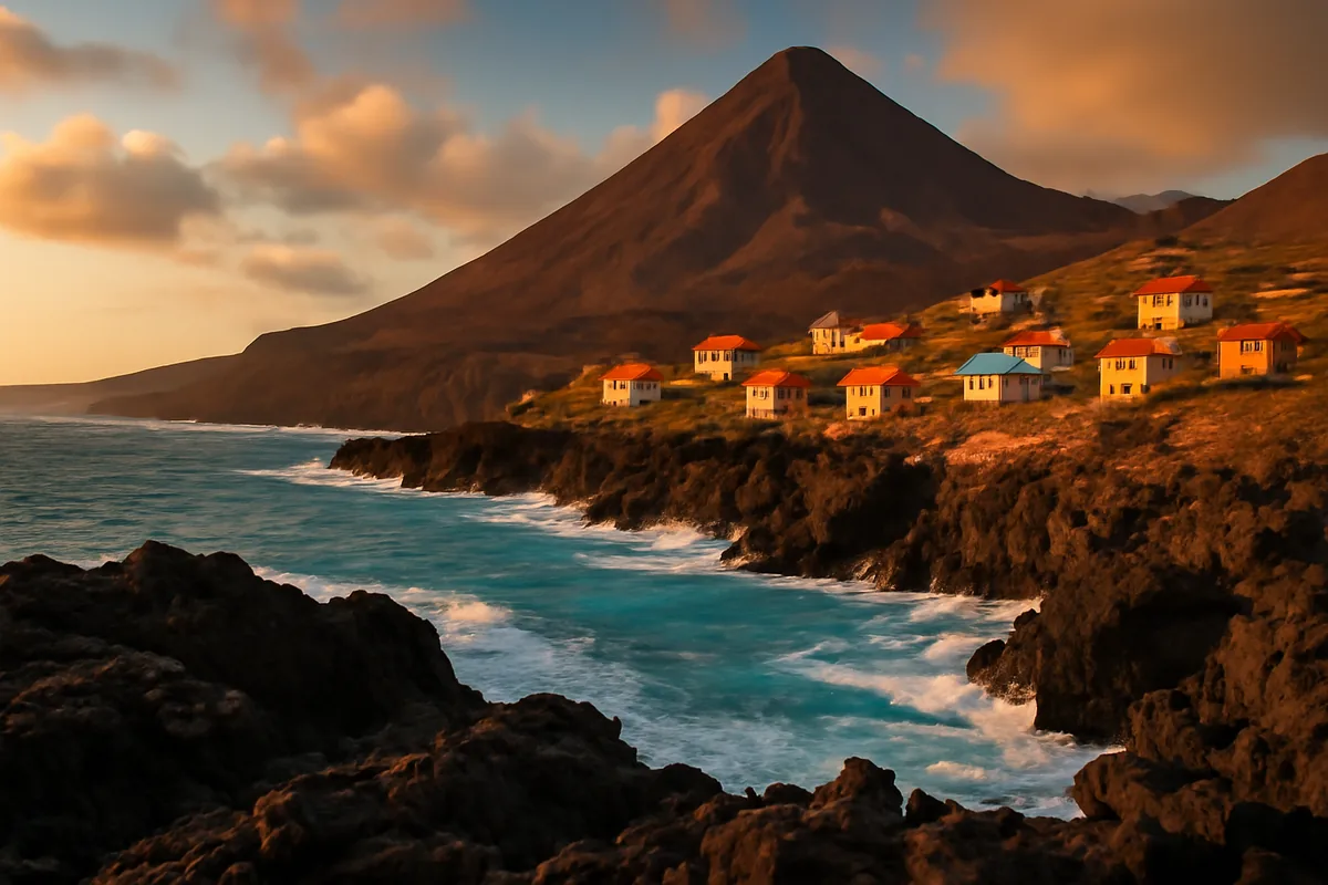 Scenic view of Cape Verde's volcanic landscape with colorful houses overlooking the turquoise Atlantic Ocean at golden hour