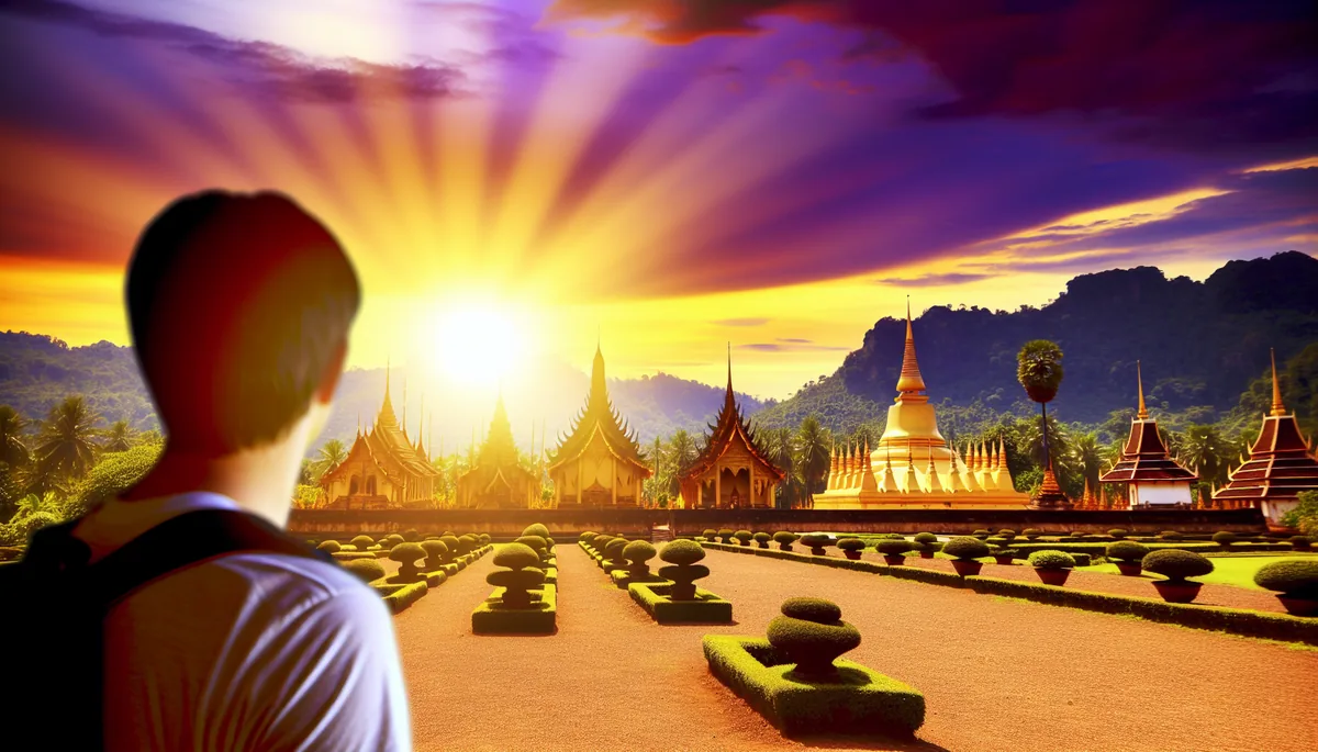 Silhouette of a traveler viewing ornate Thai temples and pagodas at sunset with dramatic golden lighting