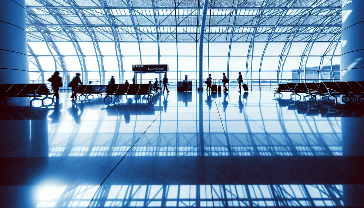Modern airport terminal interior with travelers walking through a bright departure hall with large glass windows and contemporary architecture
