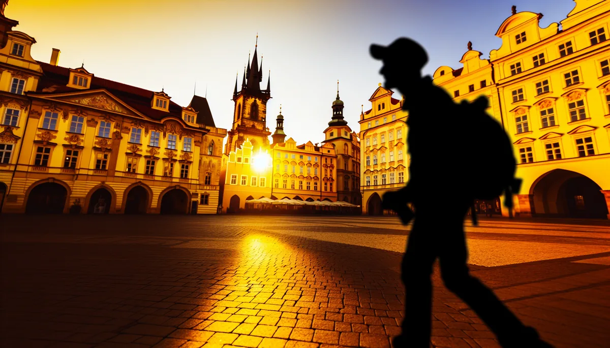 Silhouette of a traveler walking through Prague's historic Old Town Square with colorful baroque buildings and Gothic architecture in the background during golden hour