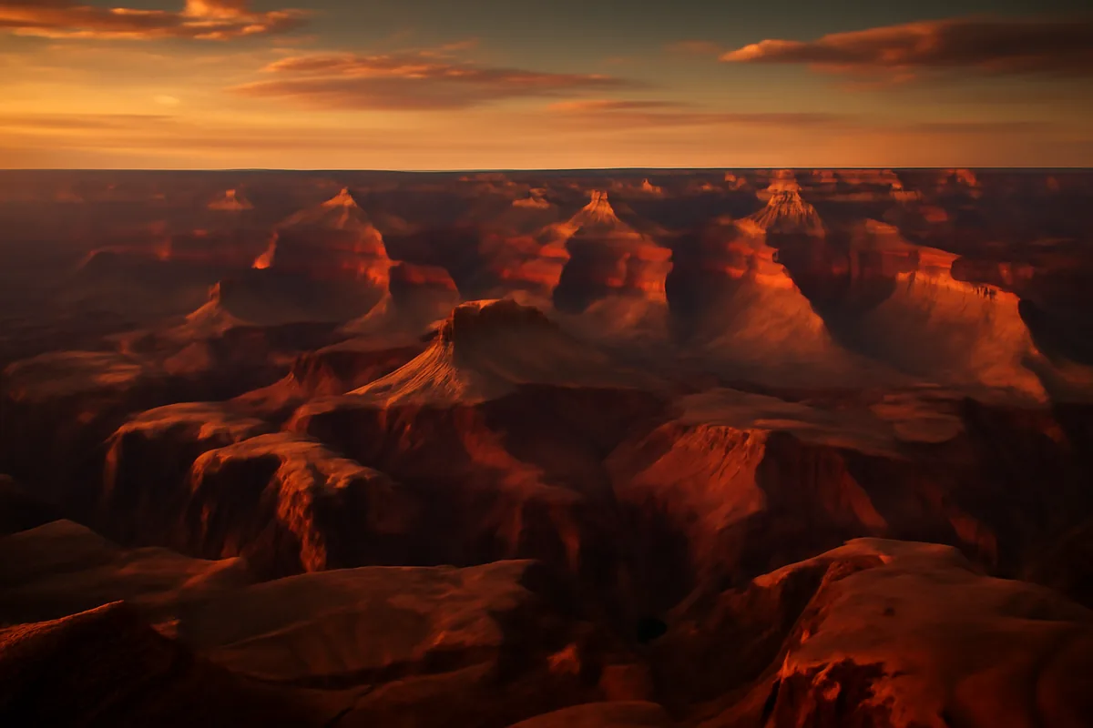 Panoramic view of the Grand Canyon at sunset, with layered red and orange rock formations bathed in warm golden light stretching to the horizon