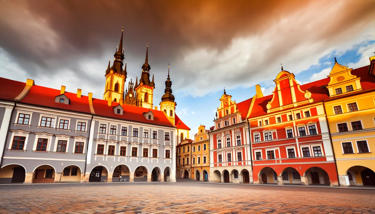 Panoramic view of Prague's Old Town Square featuring colorful baroque architecture and church spires under dramatic golden hour lighting