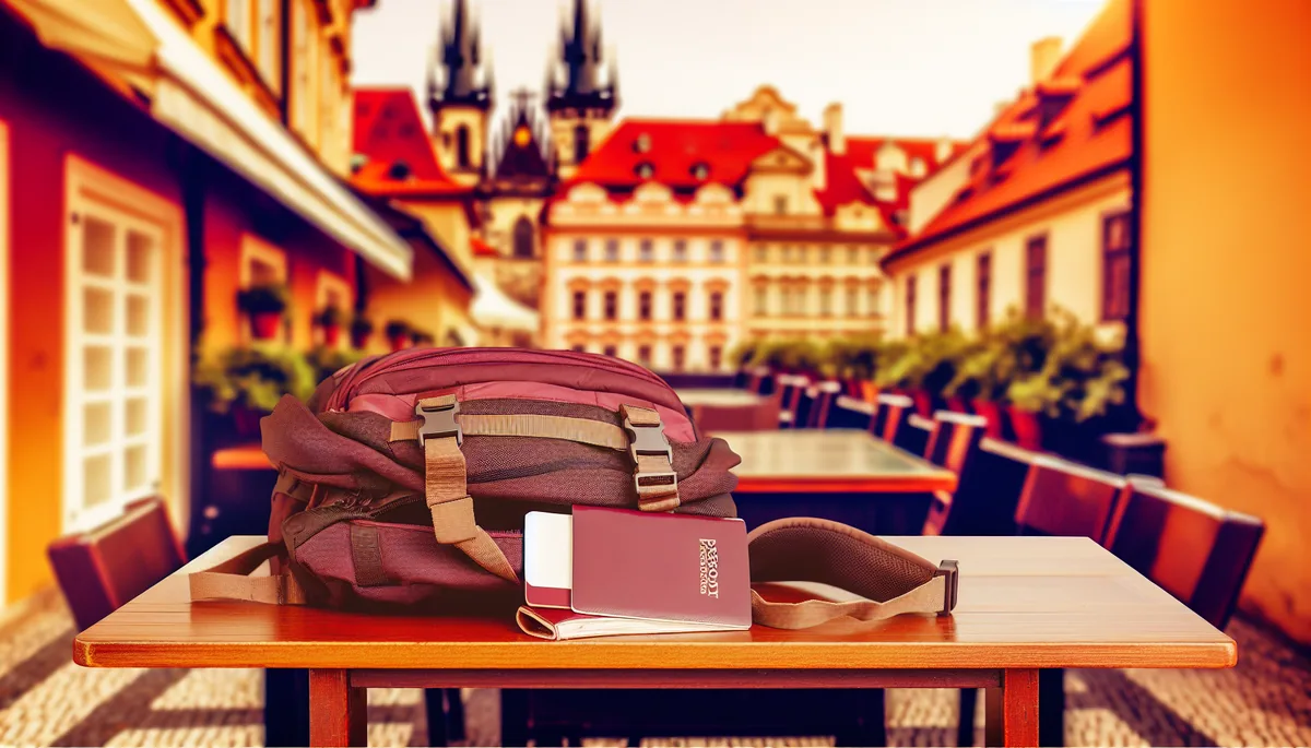 A traveler's backpack and passport resting on a wooden café table with Prague's historic red-roofed buildings softly blurred in the background