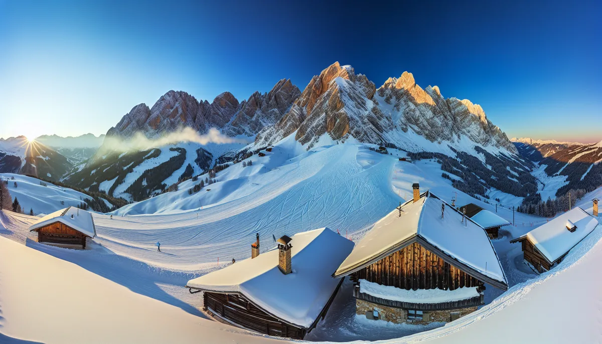 Stunning Alpine winter landscape with snow-covered mountain peaks, ski slopes, and traditional wooden chalets in a valley, captured in golden morning light