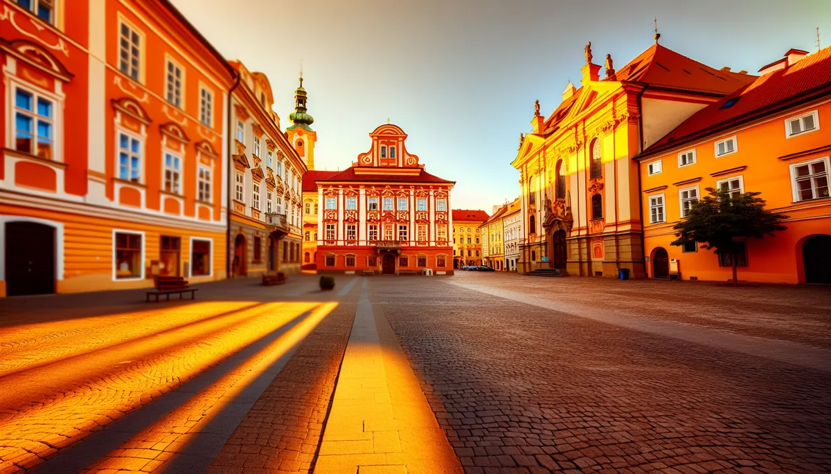 Historic European city square with colorful baroque buildings and cobblestone streets at golden hour