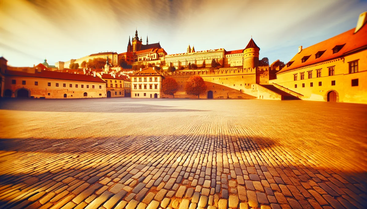 Golden hour view of a European medieval castle overlooking a historic cobblestone town square with traditional architecture
