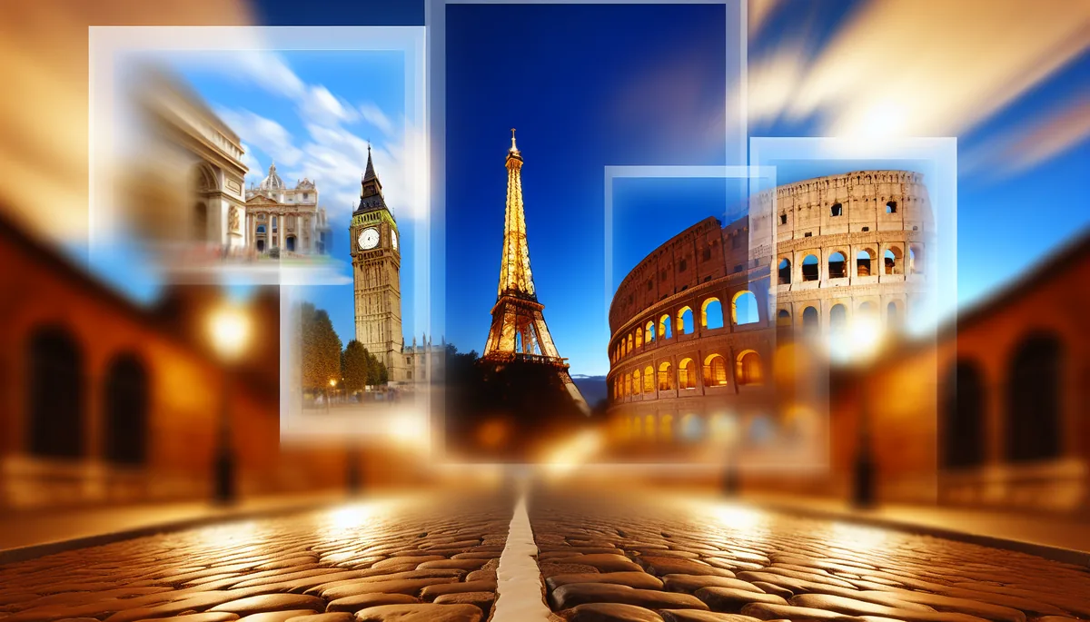 European travel scene featuring famous landmarks like the Eiffel Tower, Big Ben, and Colosseum with a cobblestone street in the foreground during golden hour