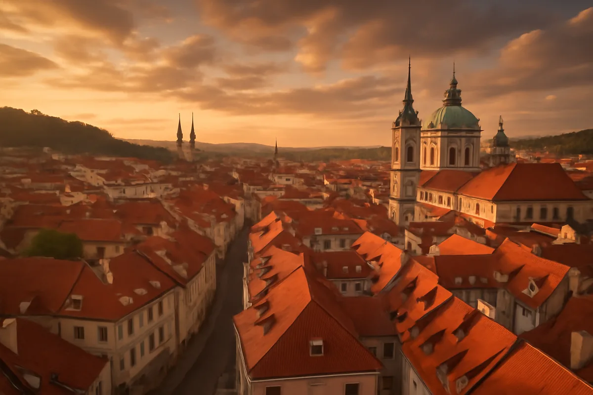 Aerial panoramic view of a classic Central European city with baroque church spires, red-tiled rooftops, and golden sunset light illuminating the historic skyline.