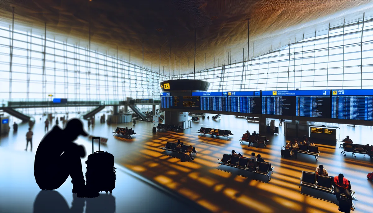 Silhouette of a traveler sitting in an airport terminal with departure gates in the background, conveying the challenges of travel connectivity