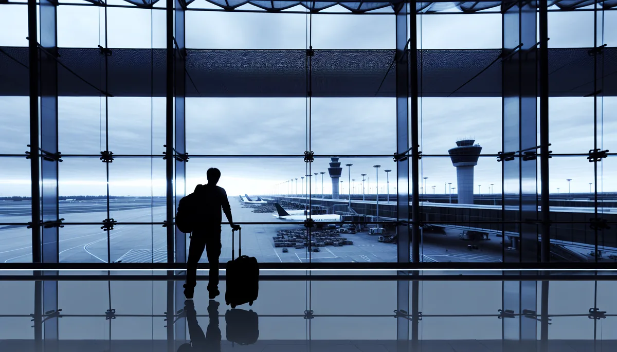Silhouette of a traveler standing at an airport terminal window looking out at planes and departure gates under overcast skies
