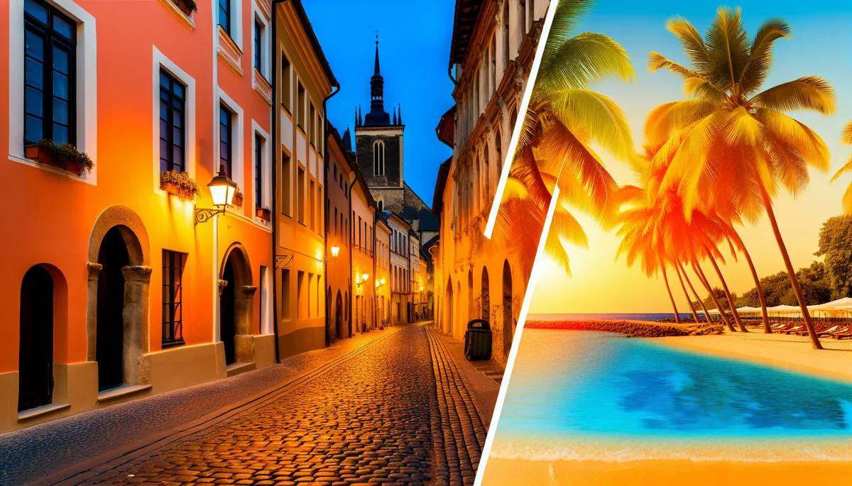 Split composition travel photograph showing European historic street architecture on the left contrasting with tropical beach paradise on the right, representing international travel destinations