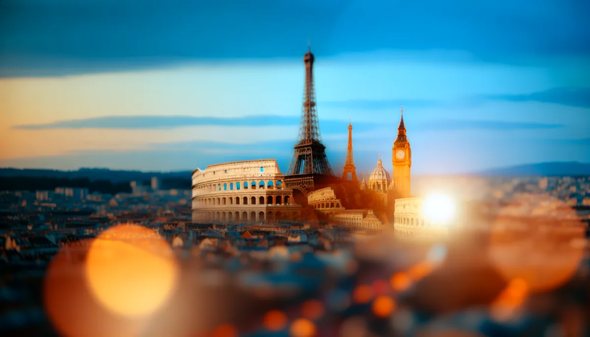 Panoramic view of famous European landmarks including the Eiffel Tower, Big Ben, and Colosseum in golden hour lighting