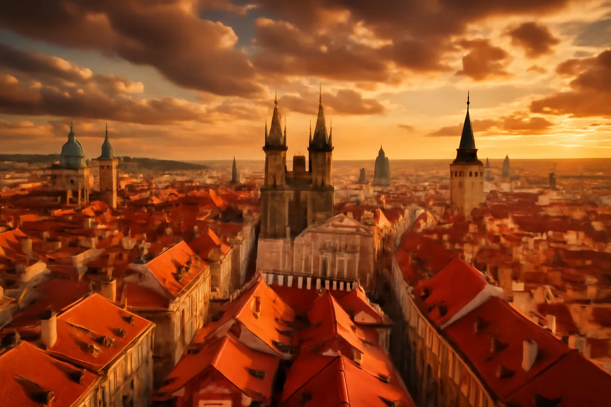 Aerial panoramic view of a historic European city at golden hour, with red-tiled rooftops and Gothic spires glowing under warm amber light