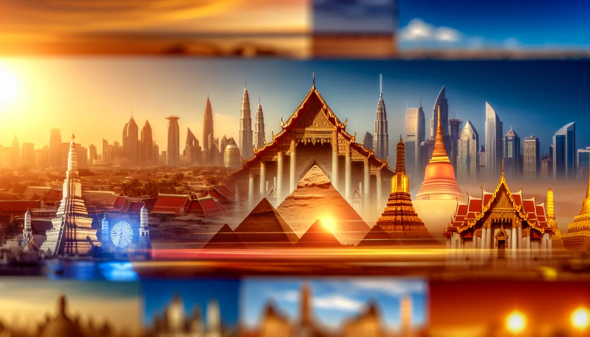 Panoramic travel photography showing iconic landmarks from Egypt, Dubai, Thailand, and USA in a layered composition with golden hour lighting