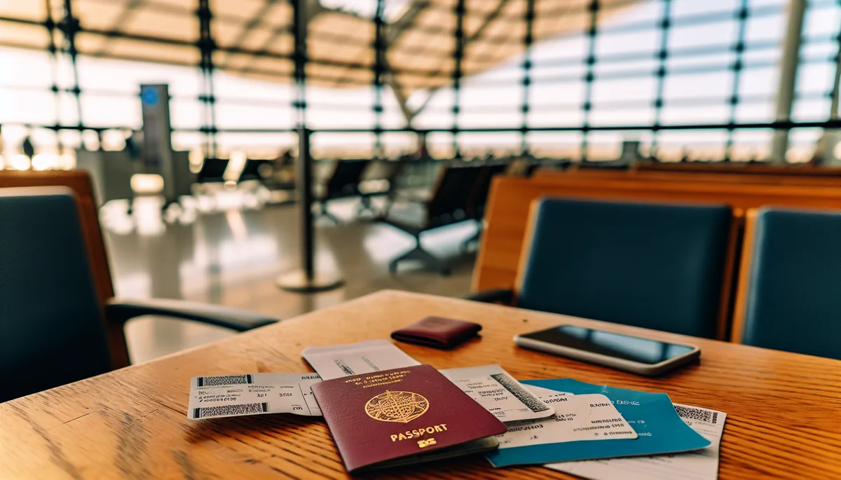 Danish passport and boarding passes arranged on a wooden surface at an airport terminal with soft natural lighting