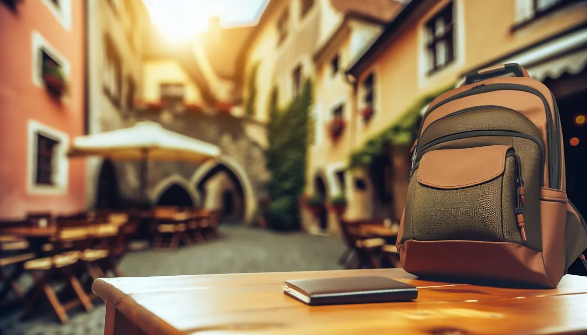 Travel essentials including a backpack and passport on a café table with a blurred European street scene in the background
