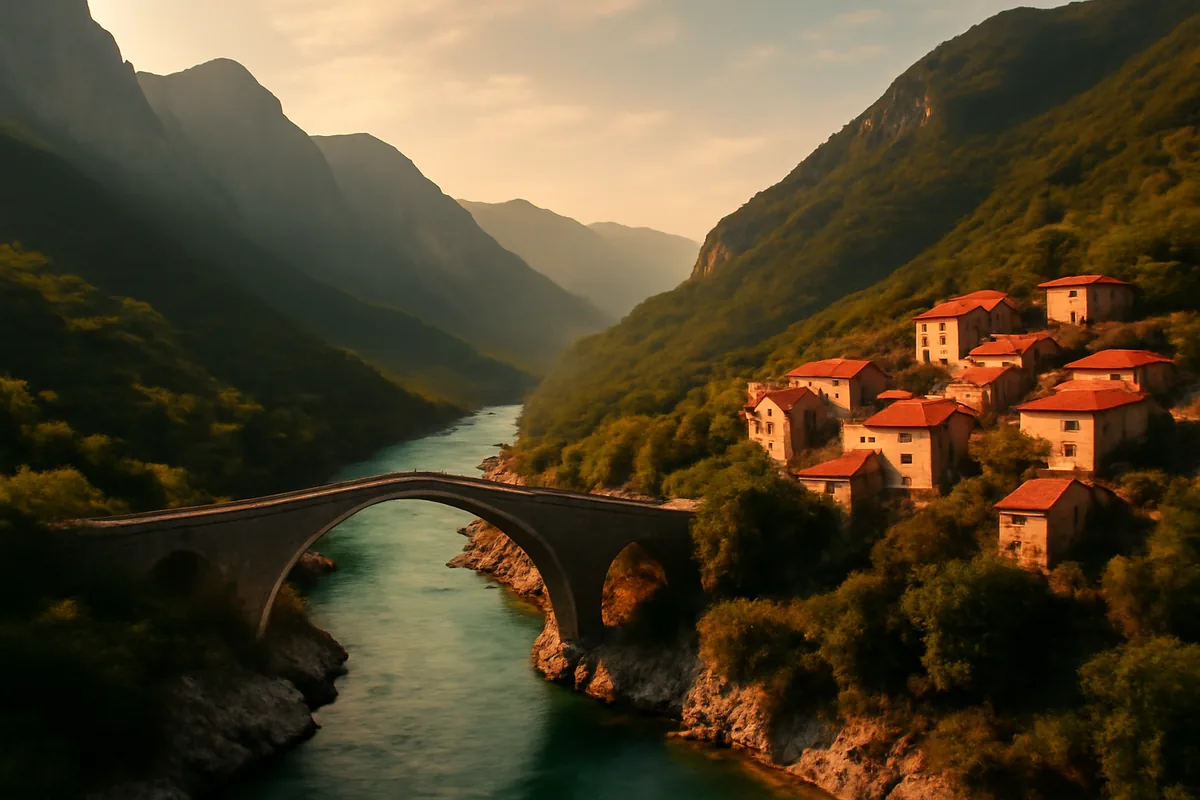 A scenic Balkan landscape featuring an ancient stone bridge over turquoise river water, surrounded by lush green mountains and a traditional village with terracotta rooftops bathed in golden hour light.