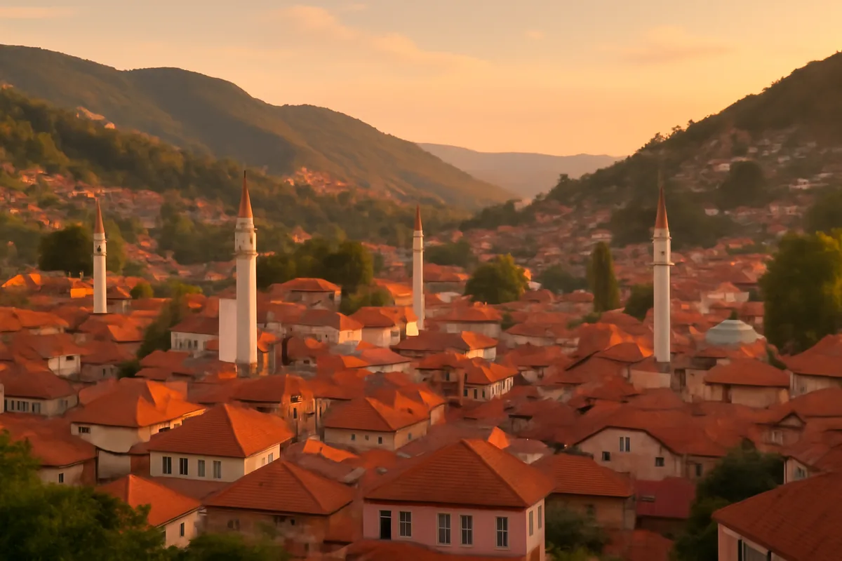 Panoramic golden hour view of Sarajevo's historic old town with minarets and traditional rooftops surrounded by green mountain hills in Bosnia and Herzegovina