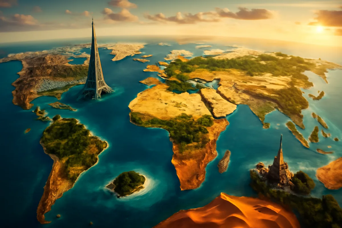A sweeping panoramic collage of iconic global travel destinations including European architecture, tropical beaches, desert landscapes, and Asian temples bathed in warm golden light