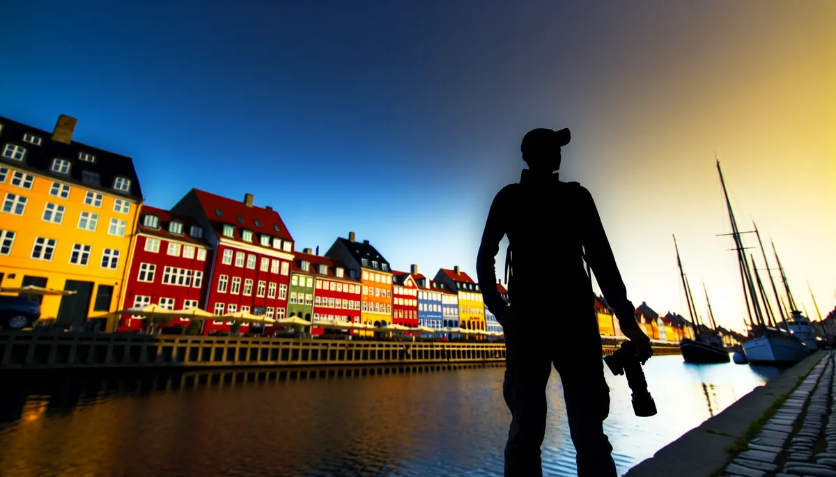 Silhouette of a person standing at Copenhagen's Nyhavn harbor during golden hour, with colorful historic buildings reflecting in the canal water