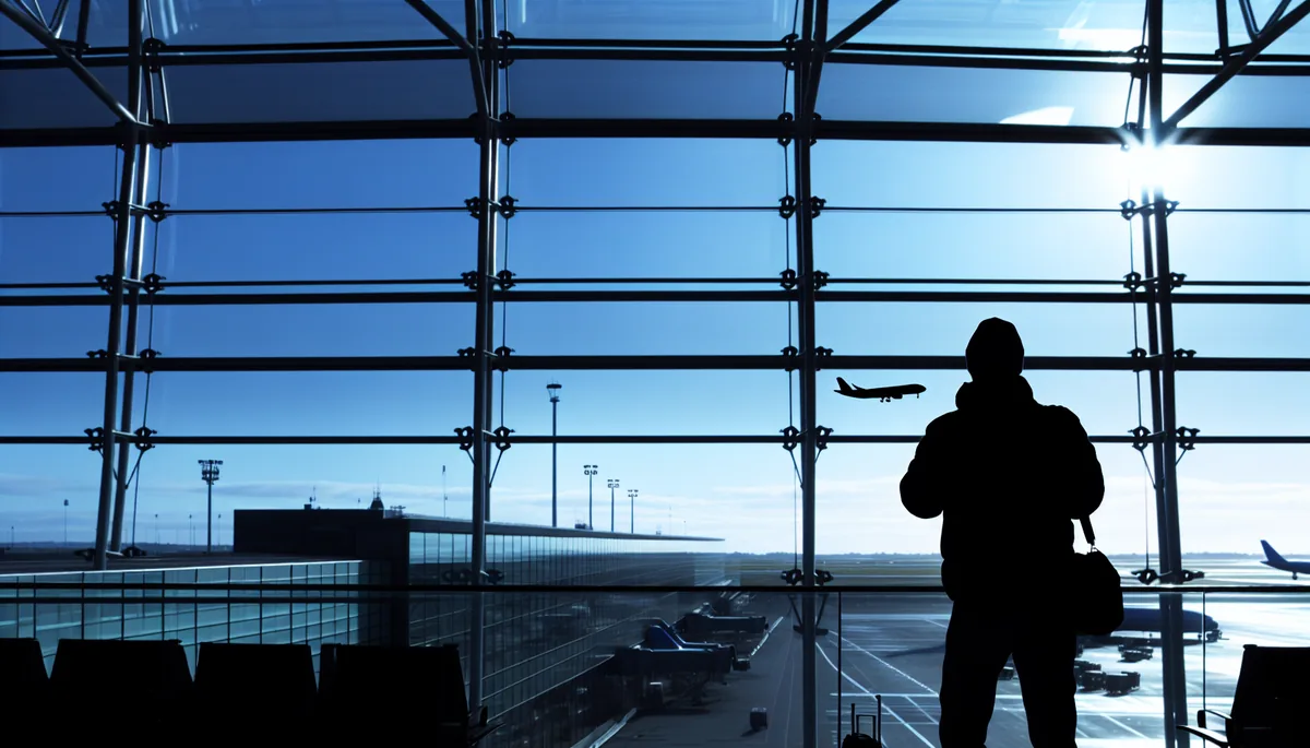 Silhouette of a traveler standing at a modern airport terminal window in Copenhagen, with aircraft visible on the tarmac and Nordic architectural elements