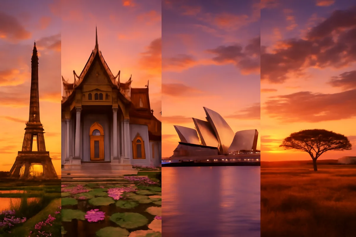 A panoramic travel scene featuring iconic landmarks from Europe, Asia, and Australia bathed in warm golden hour light, representing international travel destinations.