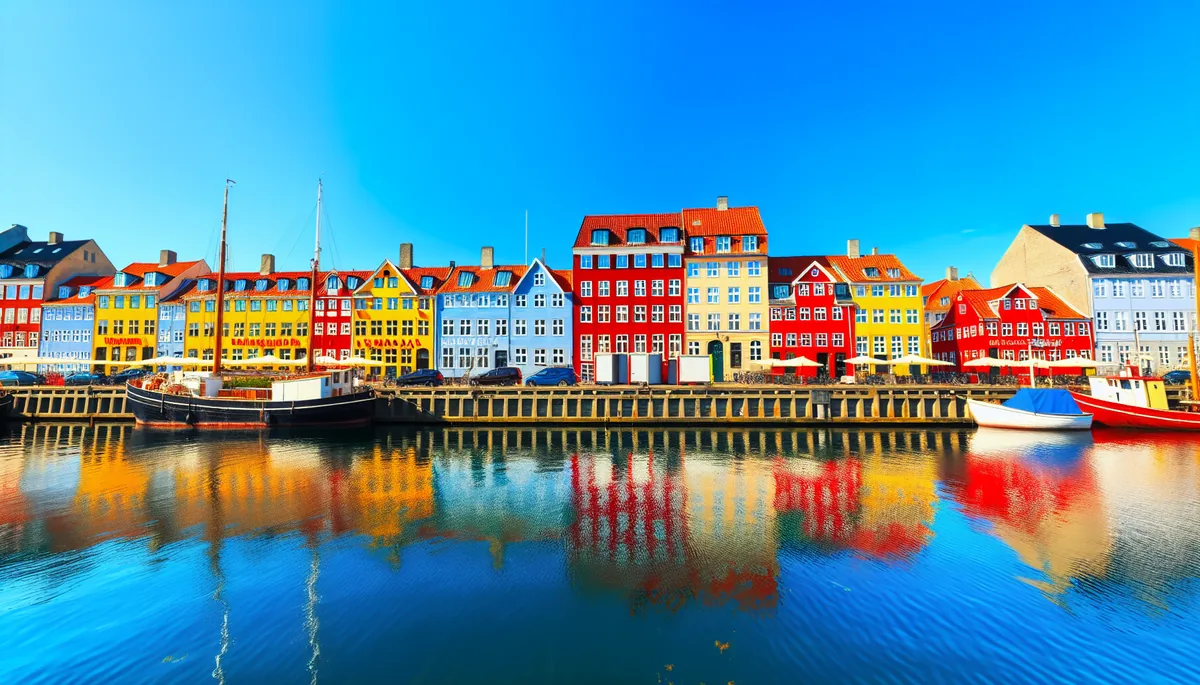 Scenic view of Copenhagen's iconic Nyhavn harbor featuring colorful 17th-century townhouses lining a peaceful canal under bright blue skies