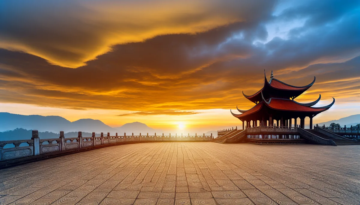 Traditional Asian temple with curved rooftops set against a dramatic sunset sky with misty mountains in the background