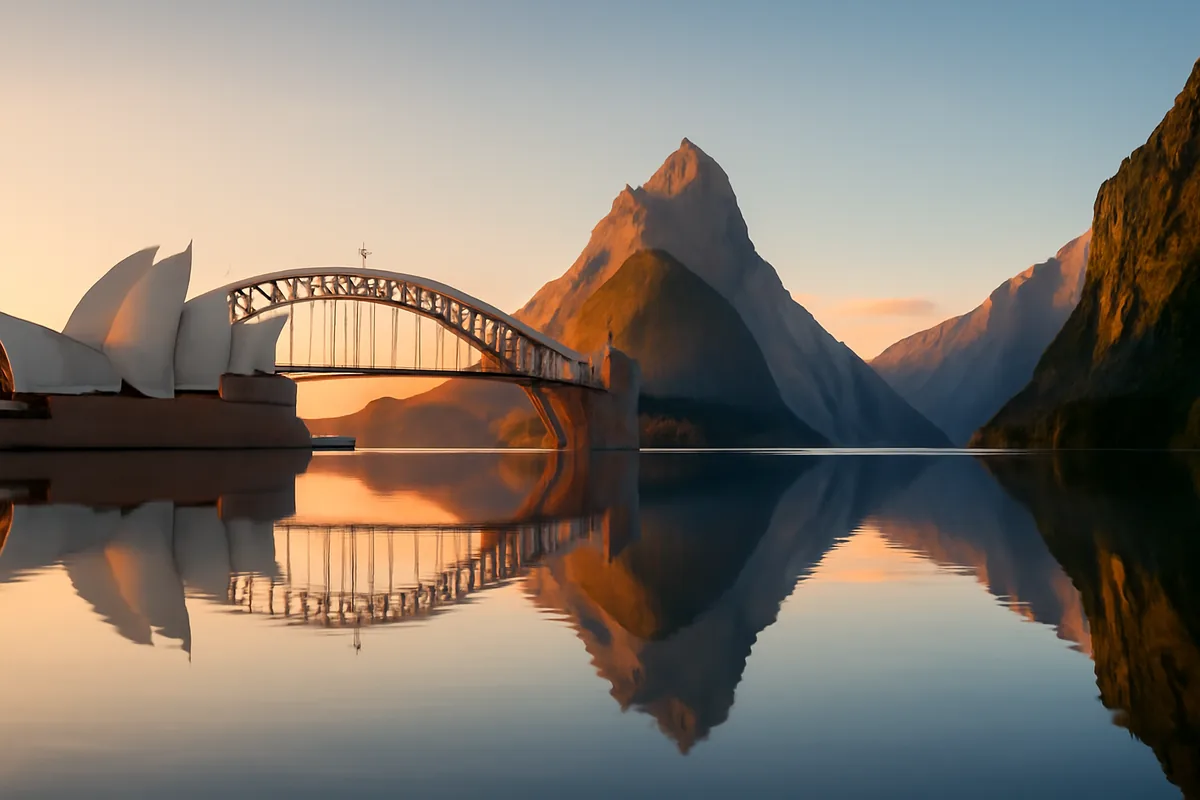 Panoramic view combining Sydney Opera House and Harbour Bridge with New Zealand's Milford Sound fjords during golden hour