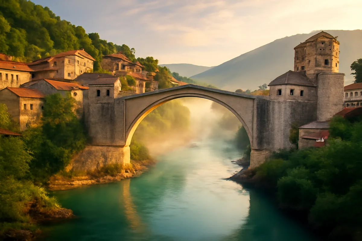 The iconic Stari Most bridge spanning the emerald Neretva River in Mostar, Bosnia and Herzegovina, surrounded by traditional Ottoman-era stone buildings on a misty morning