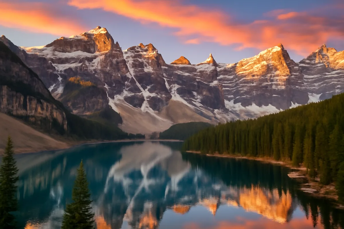 Stunning Canadian Rocky Mountains landscape with crystal clear alpine lake reflecting snow-capped peaks under golden hour sky in Banff National Park