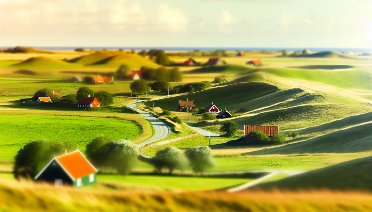 Scenic Danish countryside landscape with traditional red-roofed houses, rolling green hills, and a winding country road under golden hour lighting