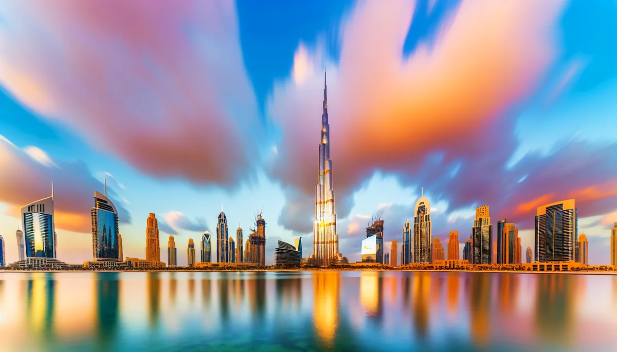 Dubai skyline at sunset featuring the Burj Khalifa and modern skyscrapers with golden reflections in water