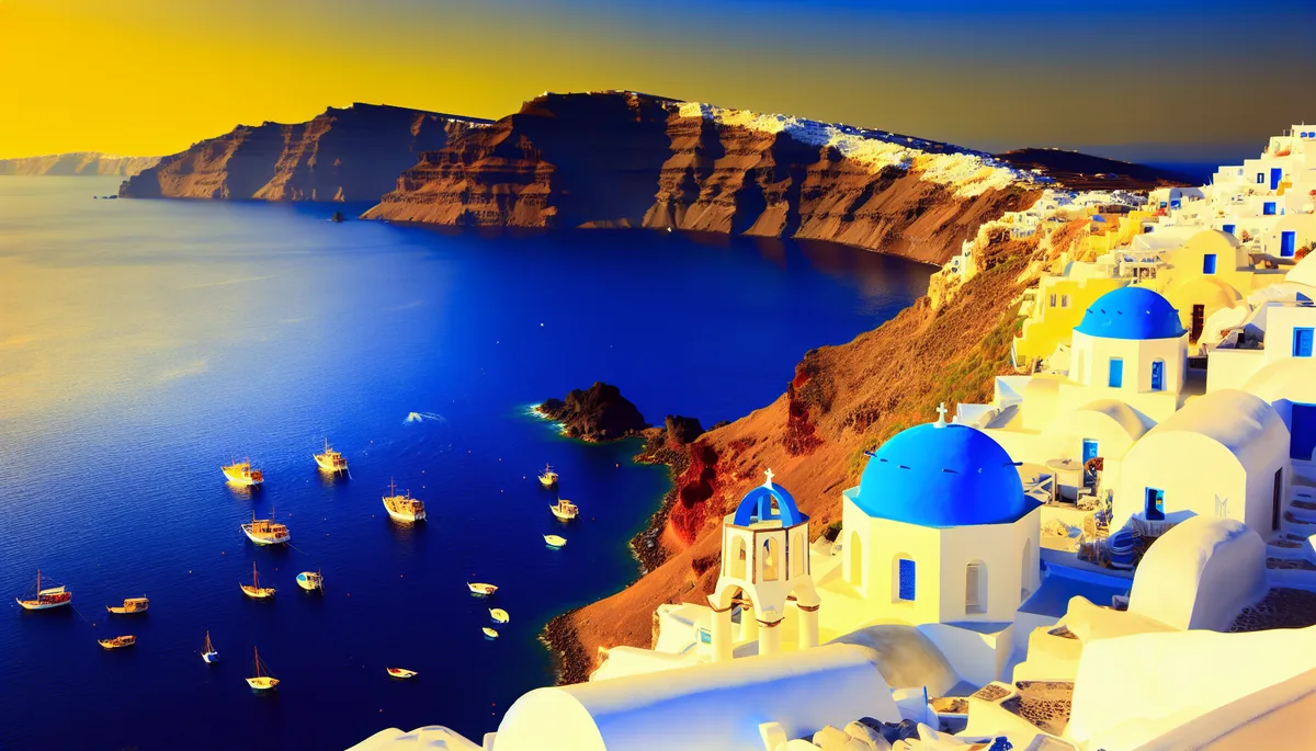 Breathtaking view of a Greek island with white cubic buildings, blue-domed church, and azure Mediterranean waters dotted with boats