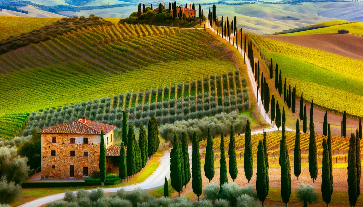 Scenic view of rolling Tuscan hills with vineyards, a traditional stone villa, and cypress trees under golden hour lighting