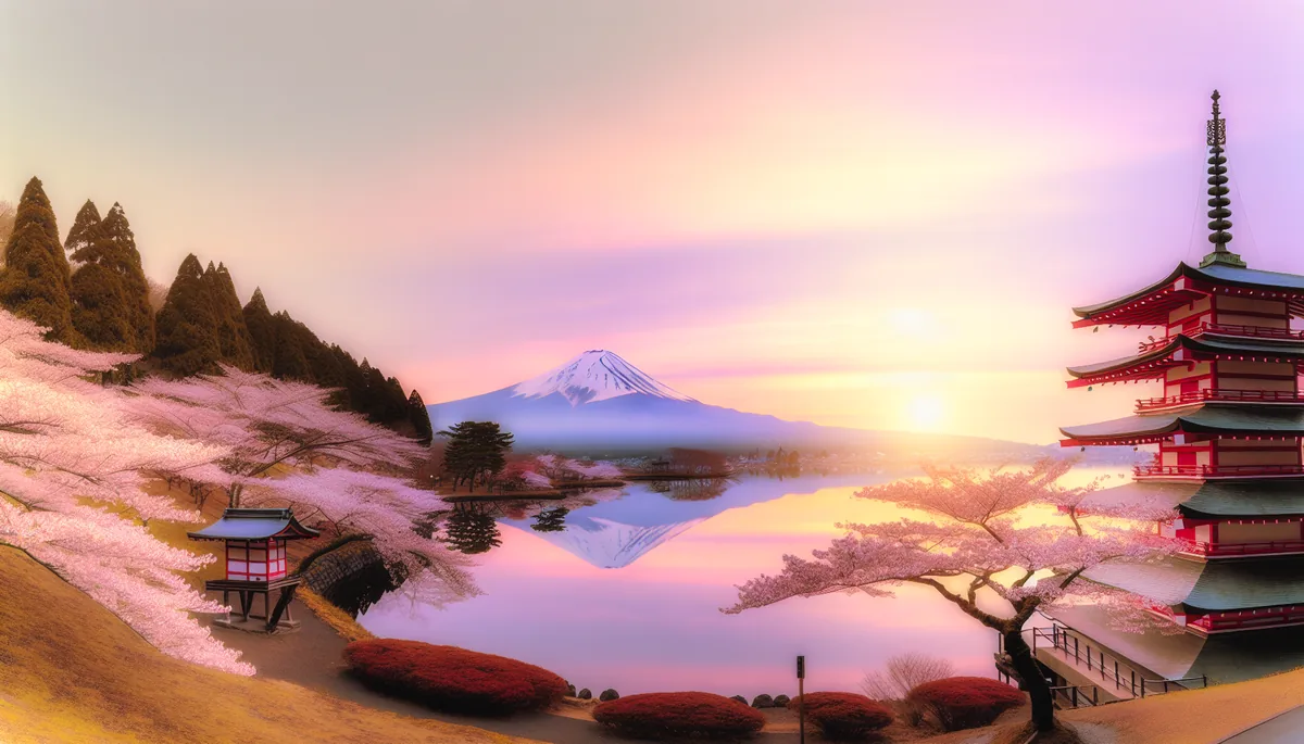 Mount Fuji at sunrise with cherry blossoms and traditional pagoda reflected in calm lake waters